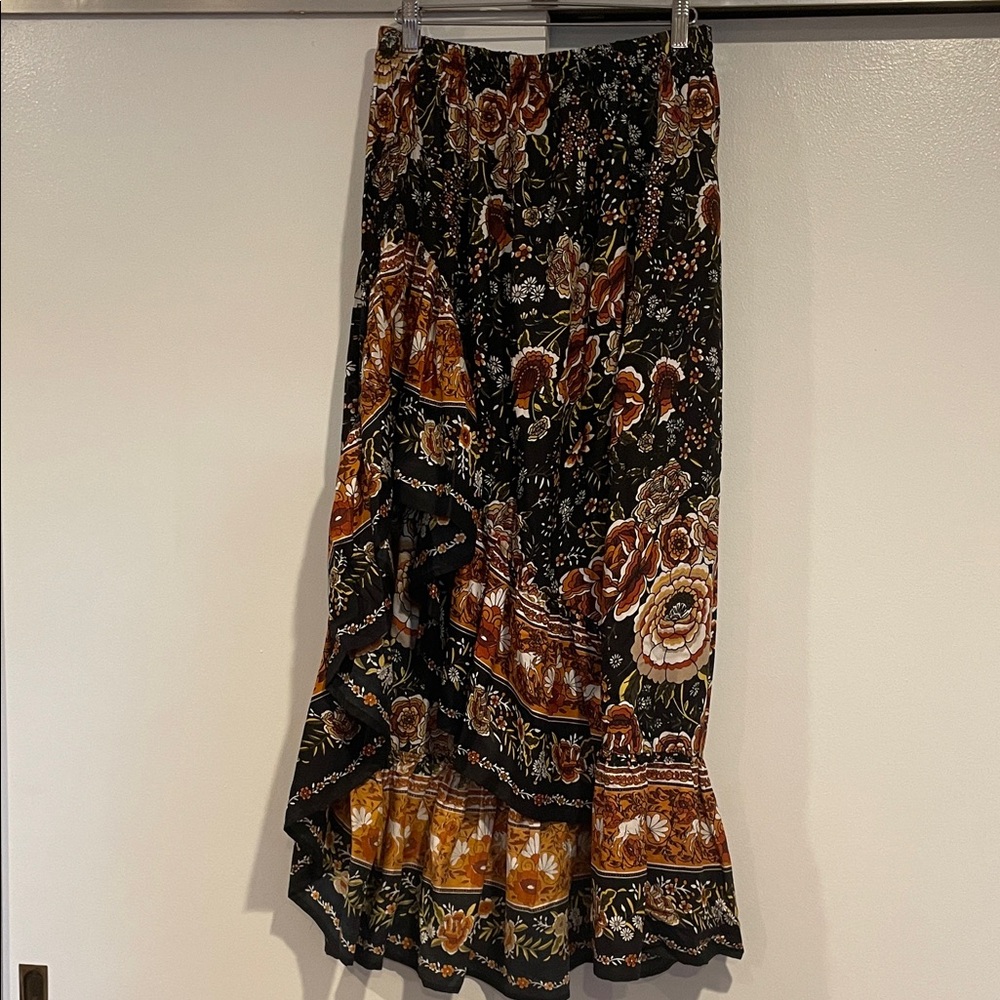 Asymmetrical Floral Skirt - Black and Brown
